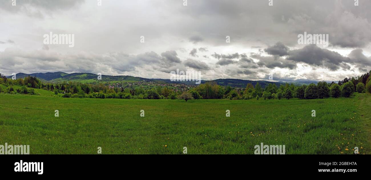 Schöne Landschaft mit Panoramablick auf grüne Wiese Landschaft Feld mit einem einzigen Baum in der Mitte gegen dramatische Wolken bei Regen. Bild Stockfoto