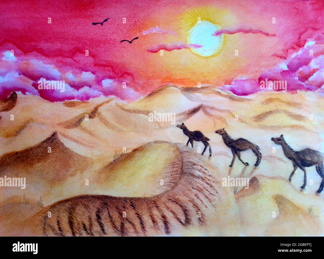 Aquarell-Illustration der sandigen Wüste Stockfoto