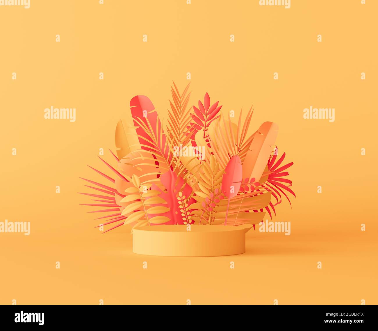 Modellieren Podium für Produkt auf orangefarbenem Hintergrund mit vielen Palmenblättern 3d Rendering 3d Illustration Stockfoto