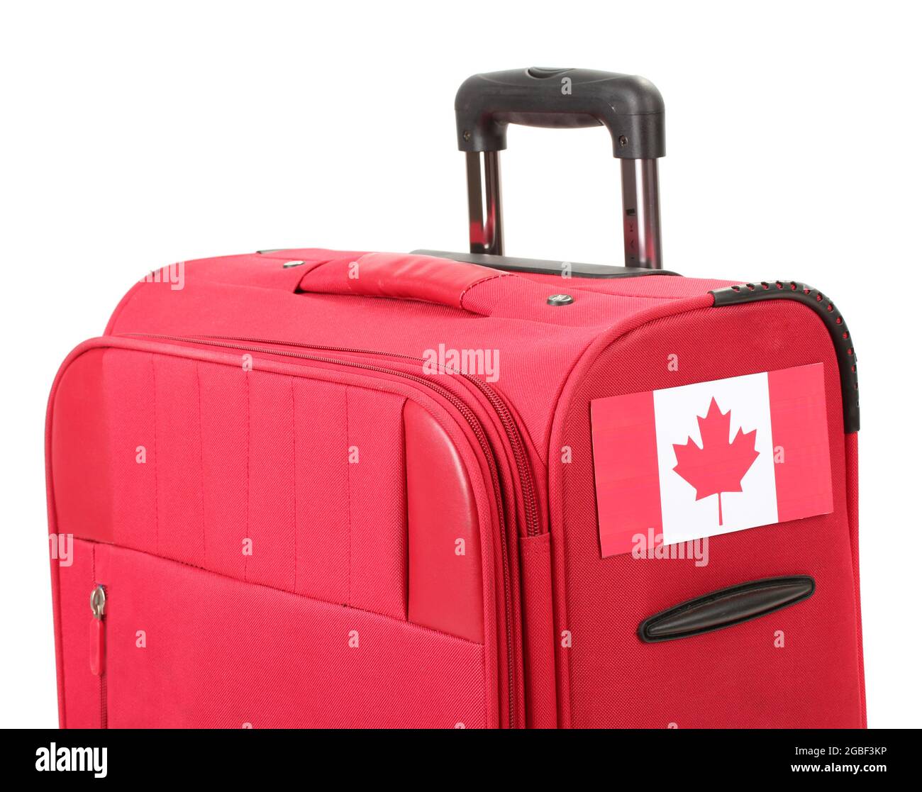 Roter Koffer mit Aufkleber mit Flagge von Kanada isoliert auf weiß  Stockfotografie - Alamy