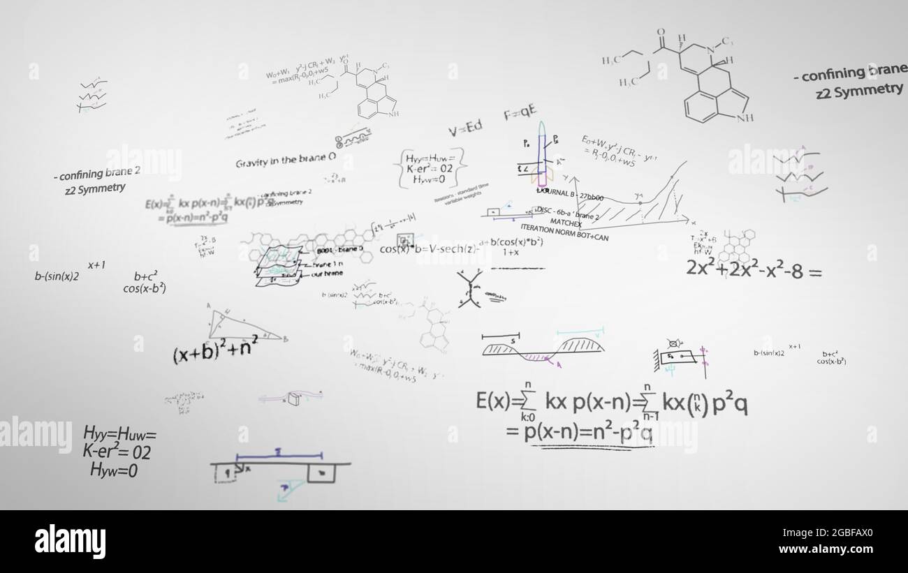 Darstellung von physikalischen Gleichungen und chemischen Elementen auf einem Whiteboard Stockfoto