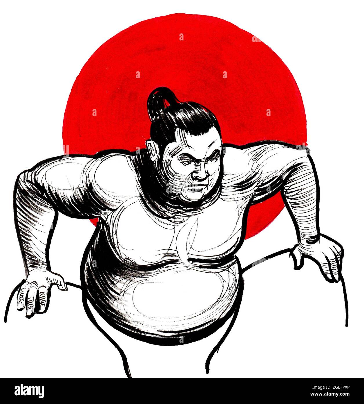 Japanischer Sumo-Wrestler und rote Sonne. Tusche und Aquarellzeichnung Stockfoto