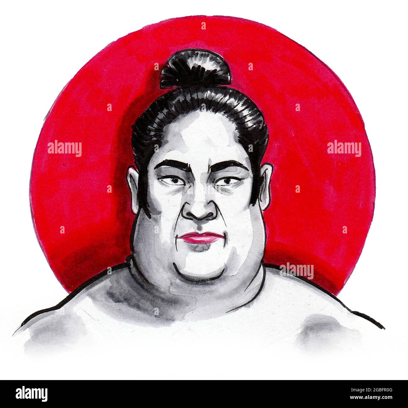 Japanischer Sumo-Ringer-Kopf. Tusche und Aquarellzeichnung Stockfoto