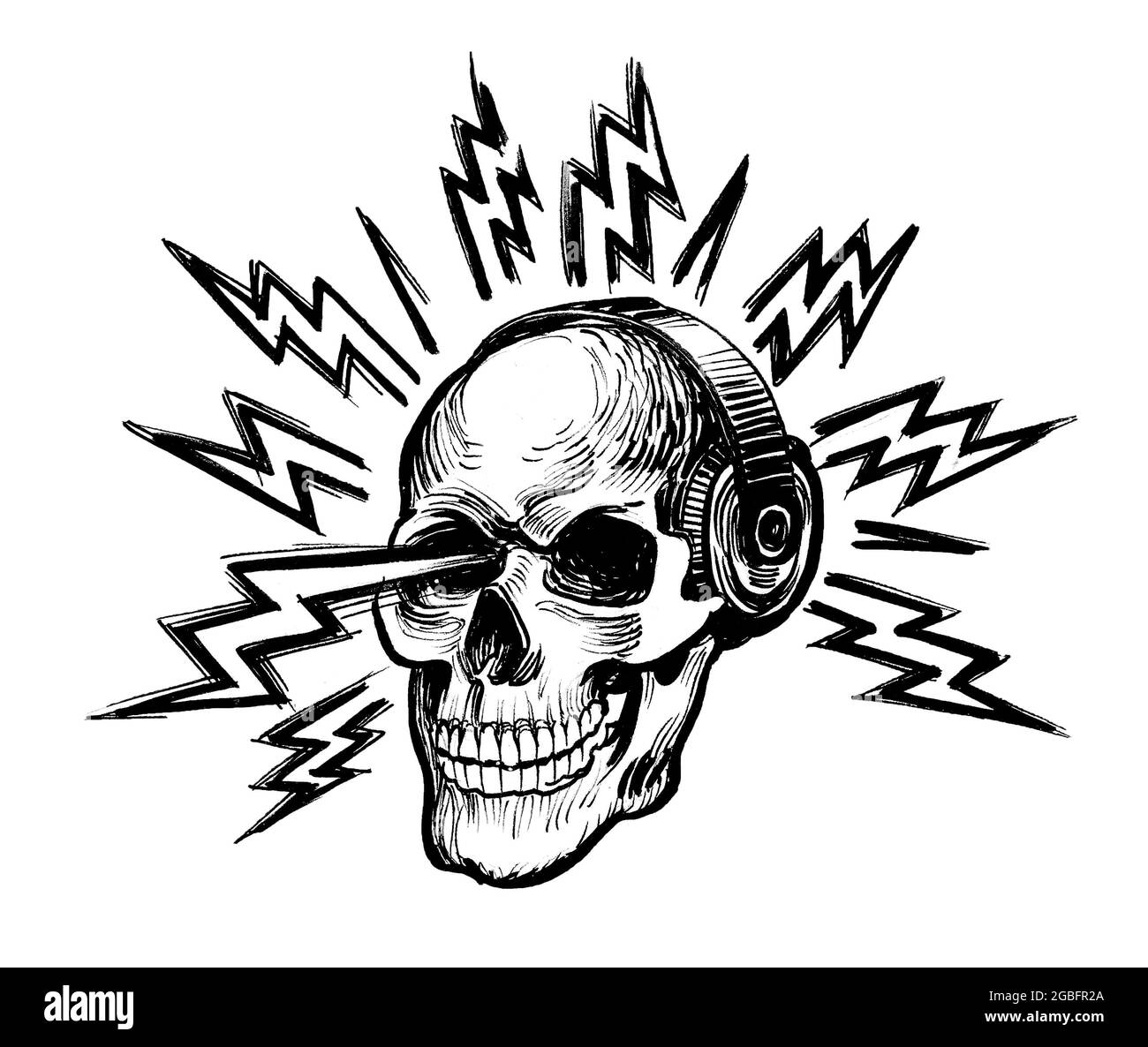 Menschlicher Schädel in Kopfhörern, der laute Rockmusik hört. Tinte schwarz-weiß Zeichnung Stockfoto