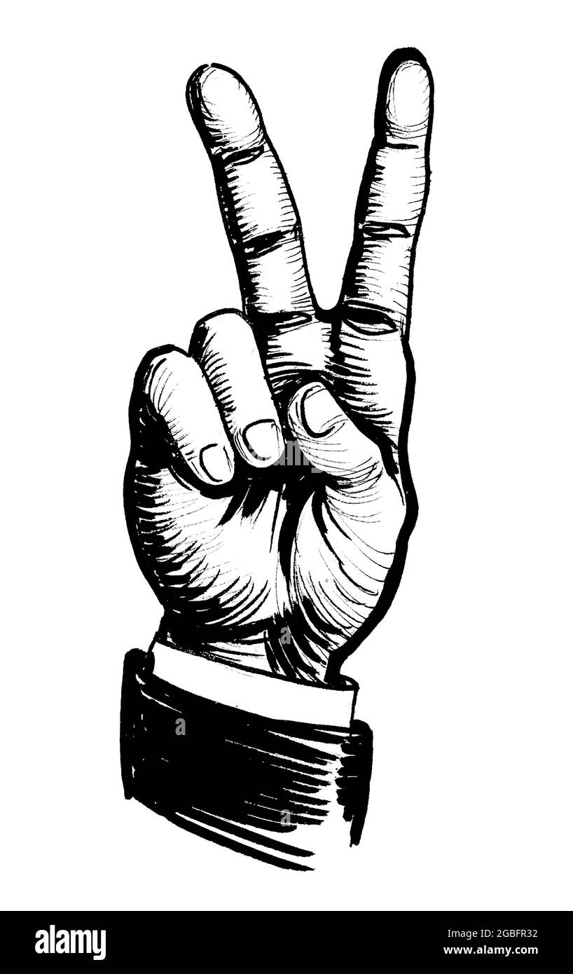 Hand, Sieg unterzeichnen. Tinte schwarz-weiss Zeichnung Stockfoto