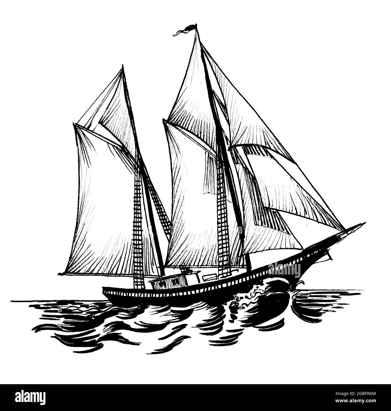 Segelschiff im Meer. Tusche schwarz-weiße Zeichnung Stockfoto