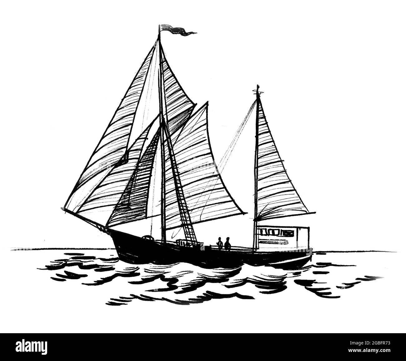 Segelschiff im Meer. Tinte schwarz-weiß Zeichnung Stockfoto