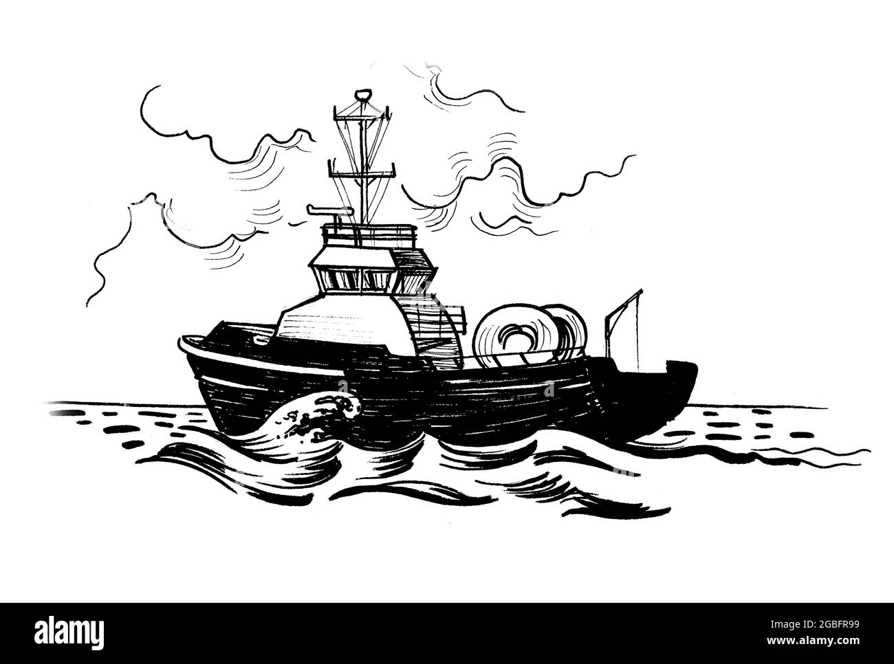 Alte Fischtrawler im Meer. Tinte schwarz-weiß Zeichnung Stockfoto