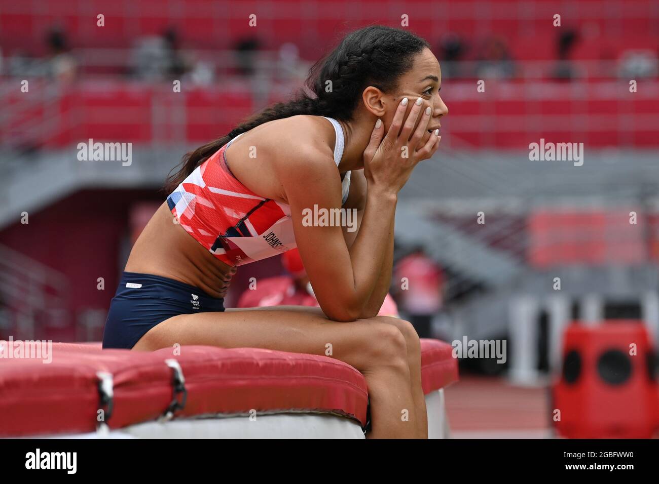 Die britische Katarina Johnson-Thompson zeigte sich während des Hochsprungwettbewerbs in Aktion, das zweite Event am ersten Tag des Heptahlon-Events der Frauen auf d Stockfoto