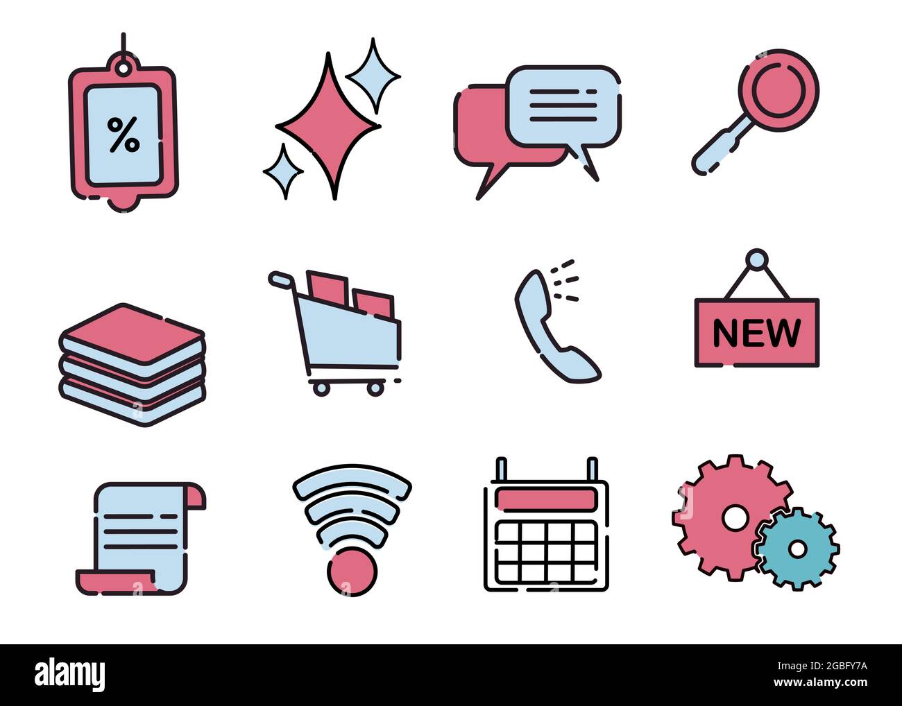 Online-Shopping-Symbol mag Rechner, Telefon, Korb, Notizen, Preisliste, die blau und rot Vektor-Illustration gefärbt Stock Vektor