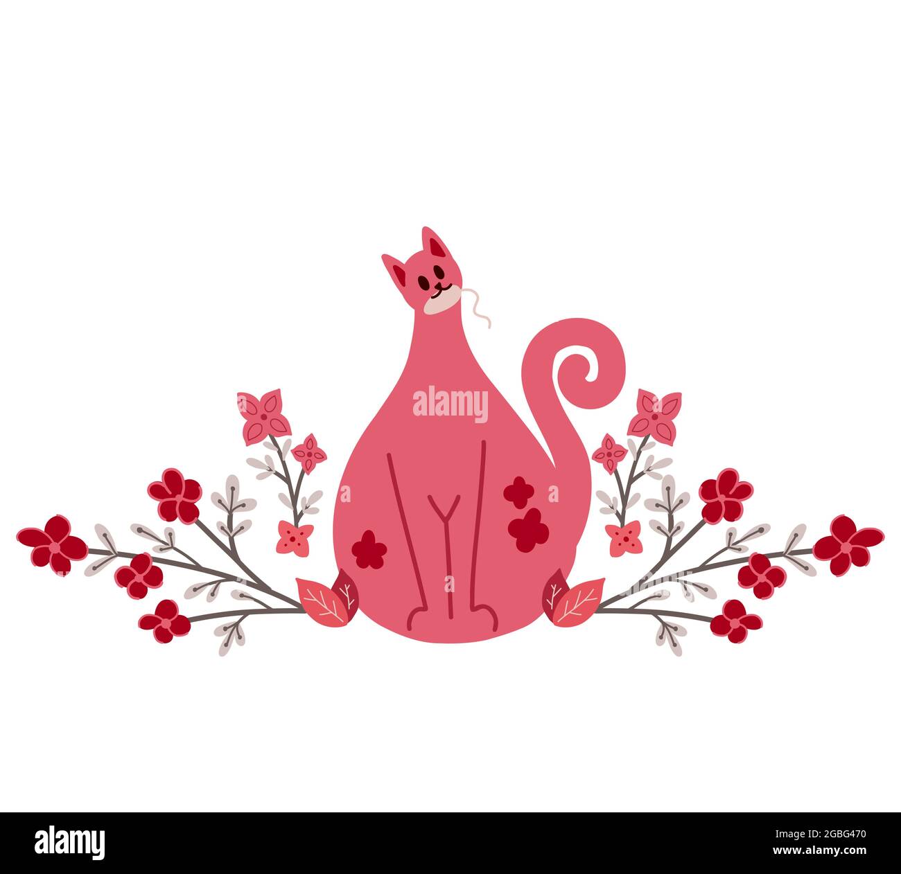 Niedliche rosa Katze mit Maus Spielzeug und Blumen auf den Zweigen. Zarte flache Illustration des spielenden Haustieres mit Blumenmuster auf weißem Hintergrund. Vektor Stock Vektor