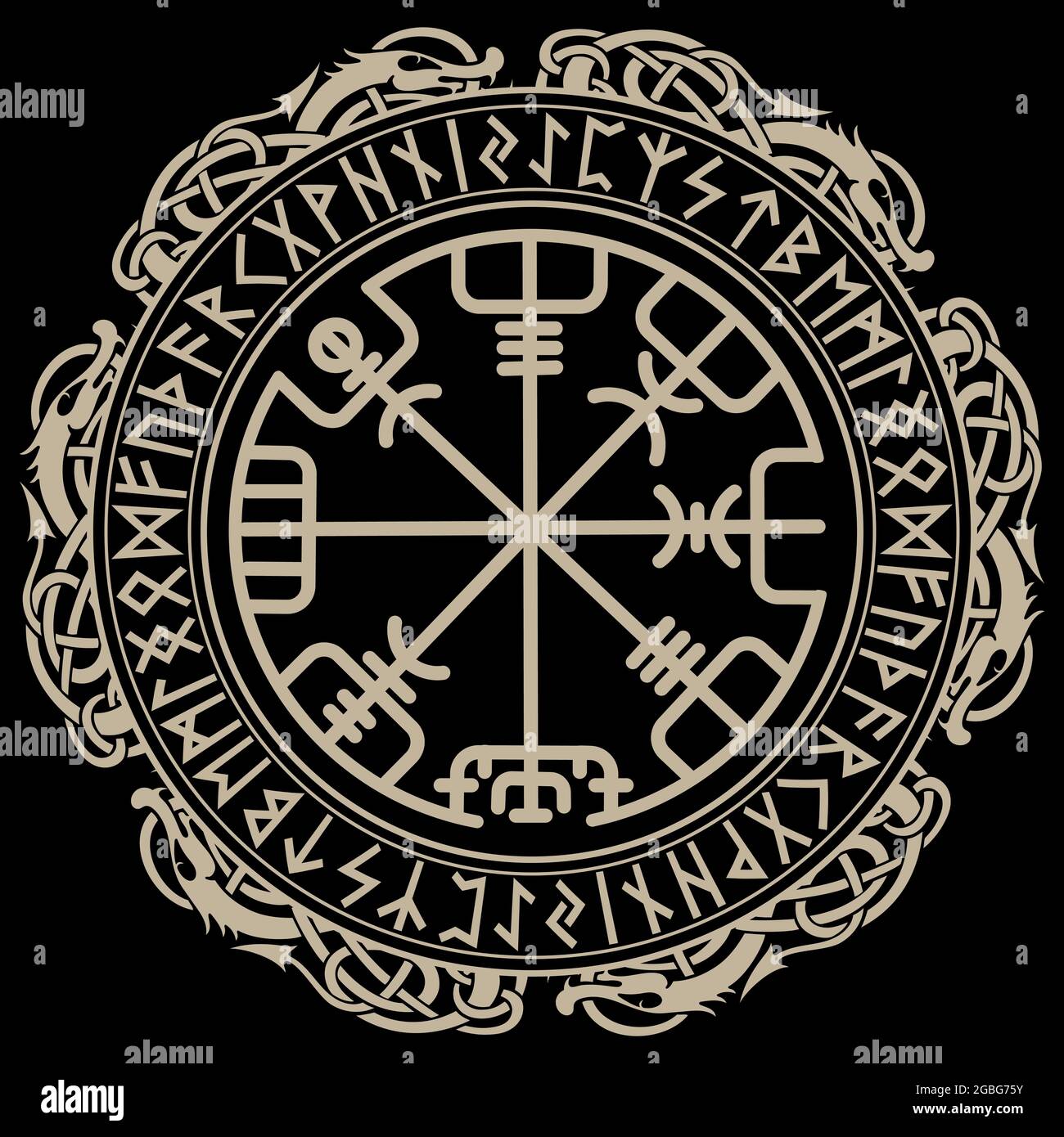 Wikingerdesign. Magischer Runenkompass Vegvisir, im Kreis der nordischen Runen und Drachen Stock Vektor