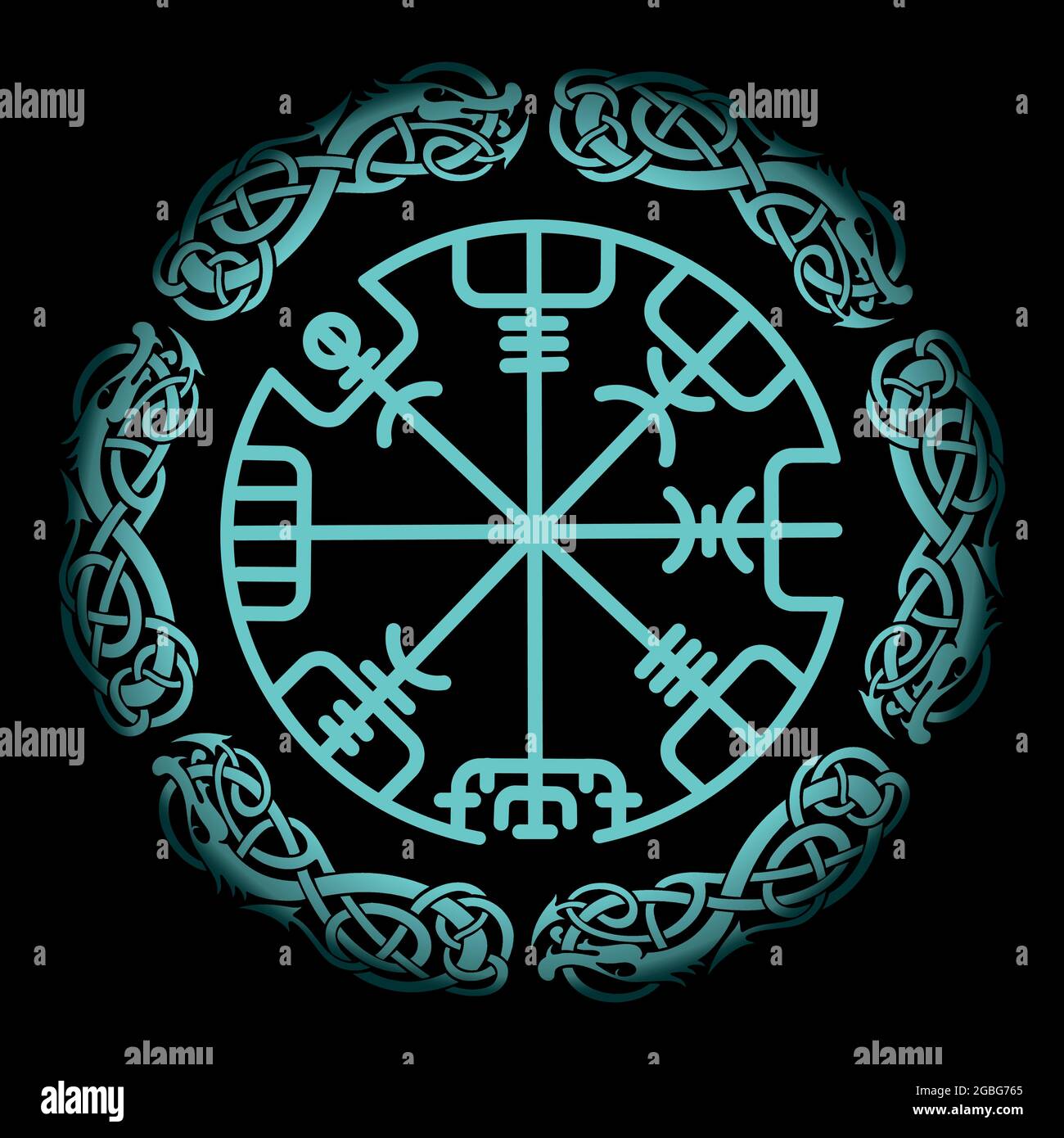 Vegvisir, der magische Kompass der antiken isländischen Wikinger mit skandinavischen Ornamenten Stock Vektor