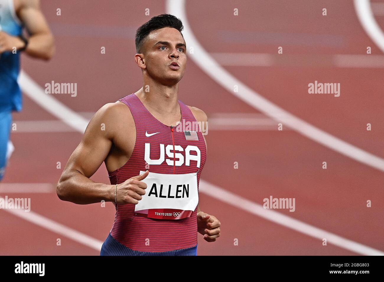 Tokio, Japan. August 2021. Leichtathletik. Olympiastadion. 10-1 Kasumigaokamachi. Shinjuku-ku. Tokio. Devon Allen (USA) im 5. Heat der 110-m-Hürden. Kredit Garry Bowden/Sport in Pictures/Alamy live News Kredit: Sport in Pictures/Alamy Live News Stockfoto