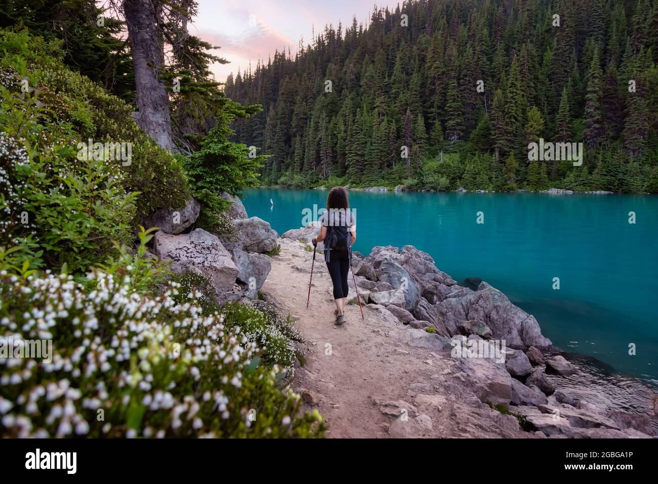 Abenteuerliche Weiße Kaukasin Erwachsene Frau Wandern auf einem Trail in der kanadischen Natur Stockfoto