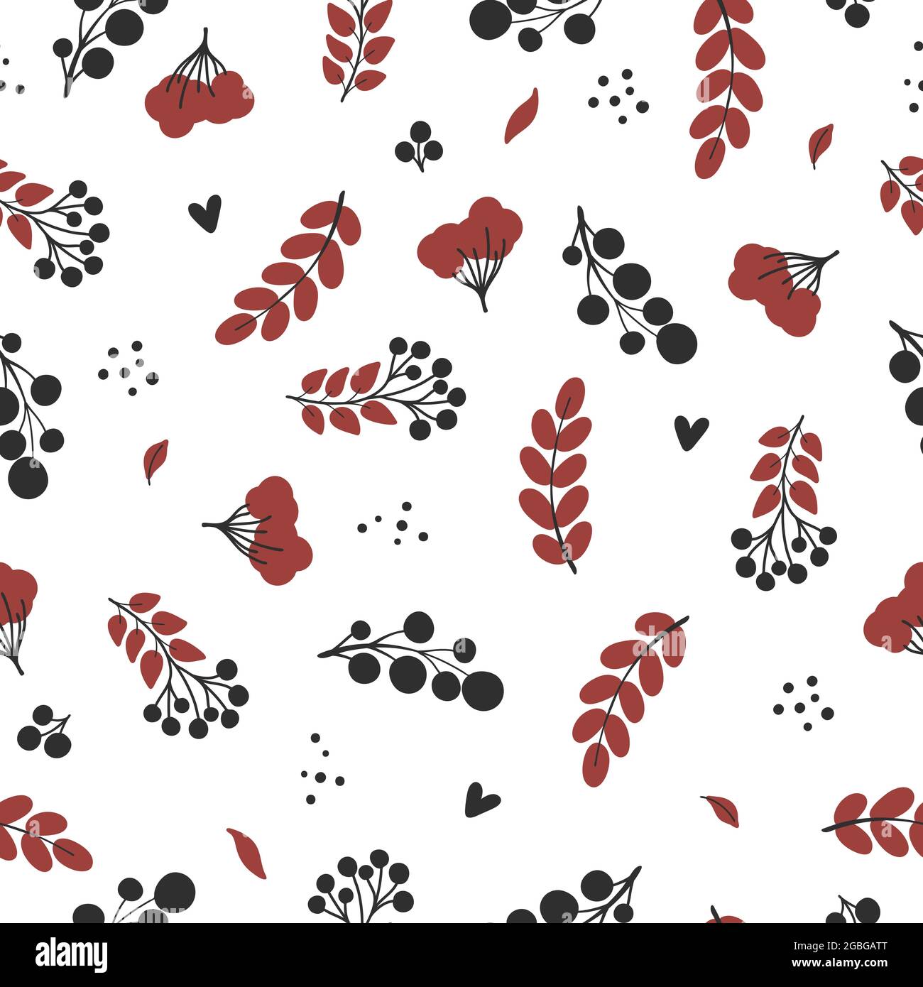 Herbstblätter und Beeren. Schwarze und rote Elemente auf weißem Hintergrund. Vektor von Hand gezeichnetes nahtloses Muster Stock Vektor