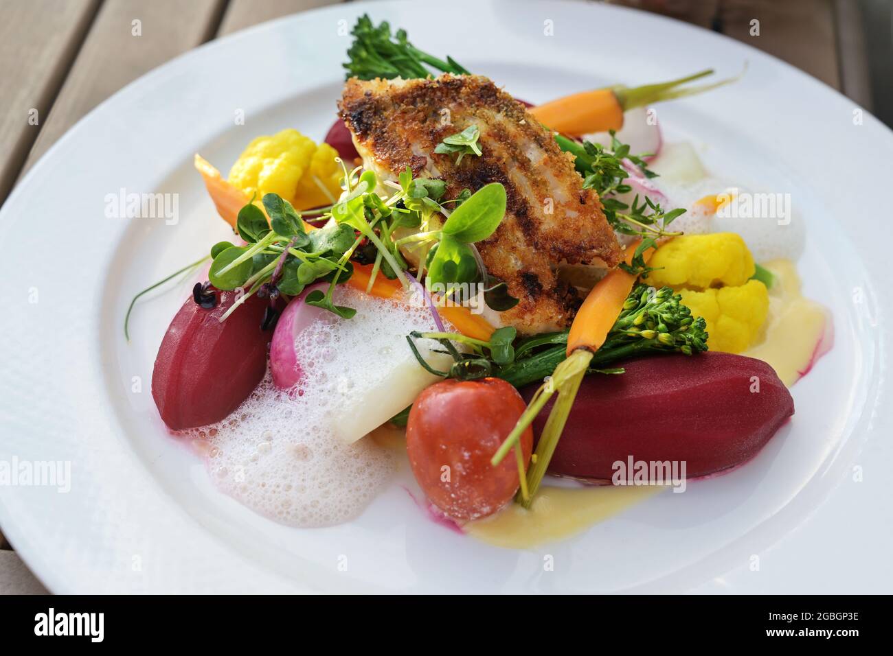 Gebratener Fisch auf Gemüse wie Karotten, Blumenkohl, Rüben und Tomaten mit Safransauce und Schaum, garniert mit Kräutern und Sprossen auf einem weißen Teller, Stockfoto