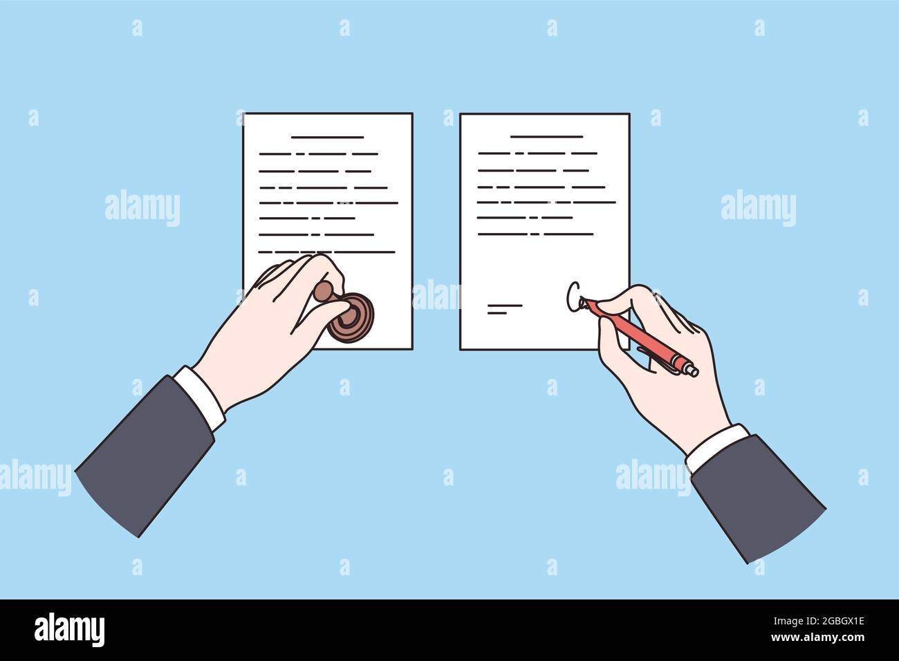 Offizielle Beurkundung von Dokumenten Konzept. Notarzeiger halten Stempel und machen Unterschrift auf Papier auf blauem Hintergrund isometrische Vektor-Illustration, Draufsicht Stock Vektor