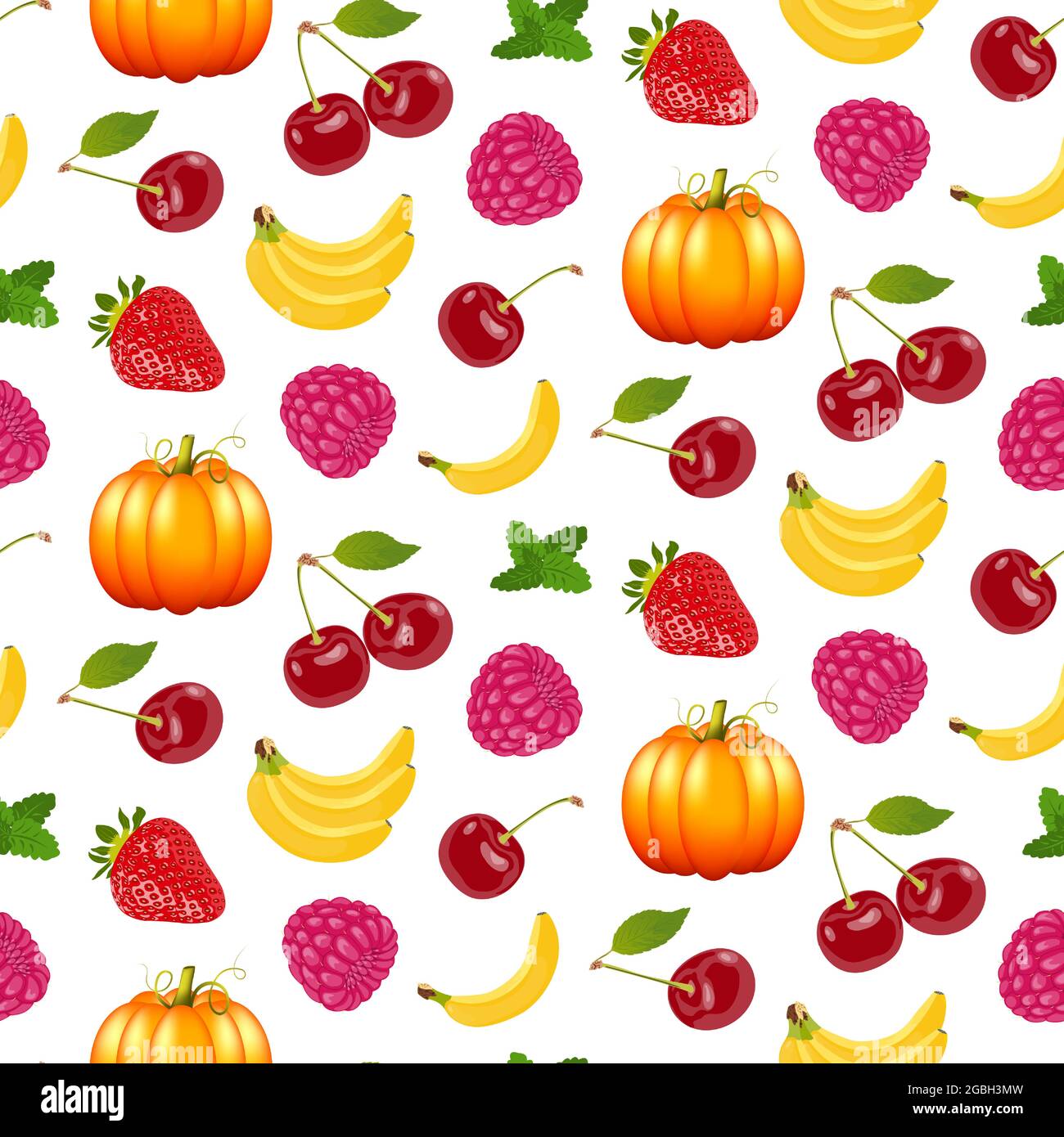 Niedliches buntes Nahtloses Muster mit Obst und Gemüse auf weißem Hintergrund. Kürbis, Banane, Erdbeere, Himbeere, Kirsche nahtloses Muster Stock Vektor