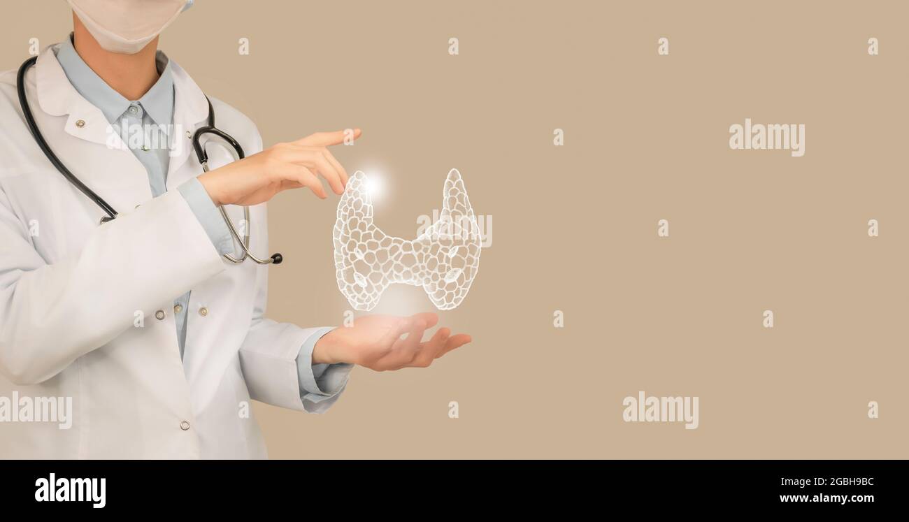 Ärztin hält die virtuelle Schilddrüse in der Hand. Handgezeichnetes menschliches Organ, Kopierraum auf der rechten Seite, beige Farbe. Krankenhausdienst im Gesundheitswesen Stockfoto
