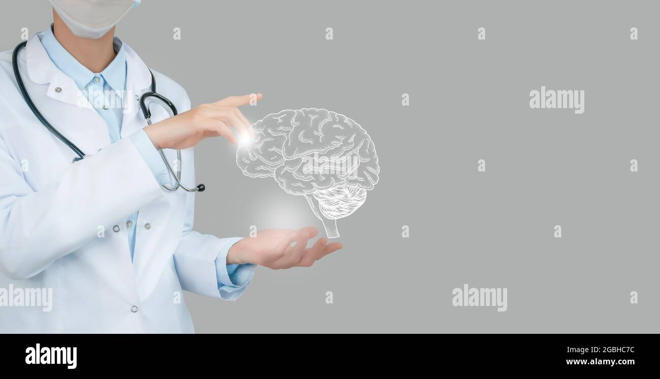 Ärztin hält virtuelles Gehirn in der Hand. Handgezeichnetes menschliches Organ, Kopierraum auf der rechten Seite, RAW-Fotofarben. Healthcare Krankenhaus Service-Konzept sto Stockfoto