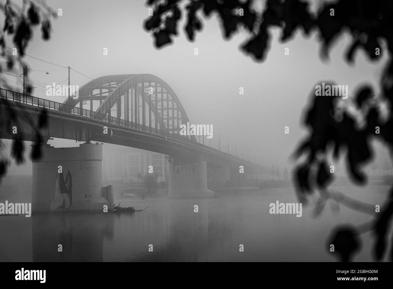 Graustufenaufnahme einer Brücke über einen von Nebel überzogenen See Stockfoto