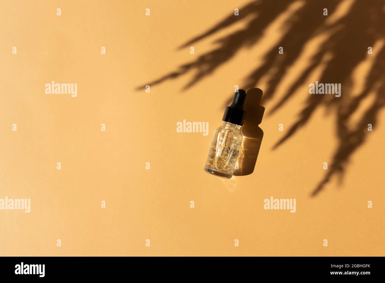 Eine Tropfflasche aus transparentem ätherischem Öl mit Goldteilen. Konzept der Naturkosmetik Stockfoto