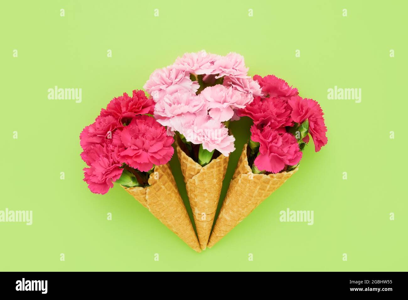 Drei Eiszapfen mit Waffel und rosa Nelkenblüten auf hellgrünem Hintergrund. Sommerkonzept. Platz für Text kopieren, Draufsicht Stockfoto