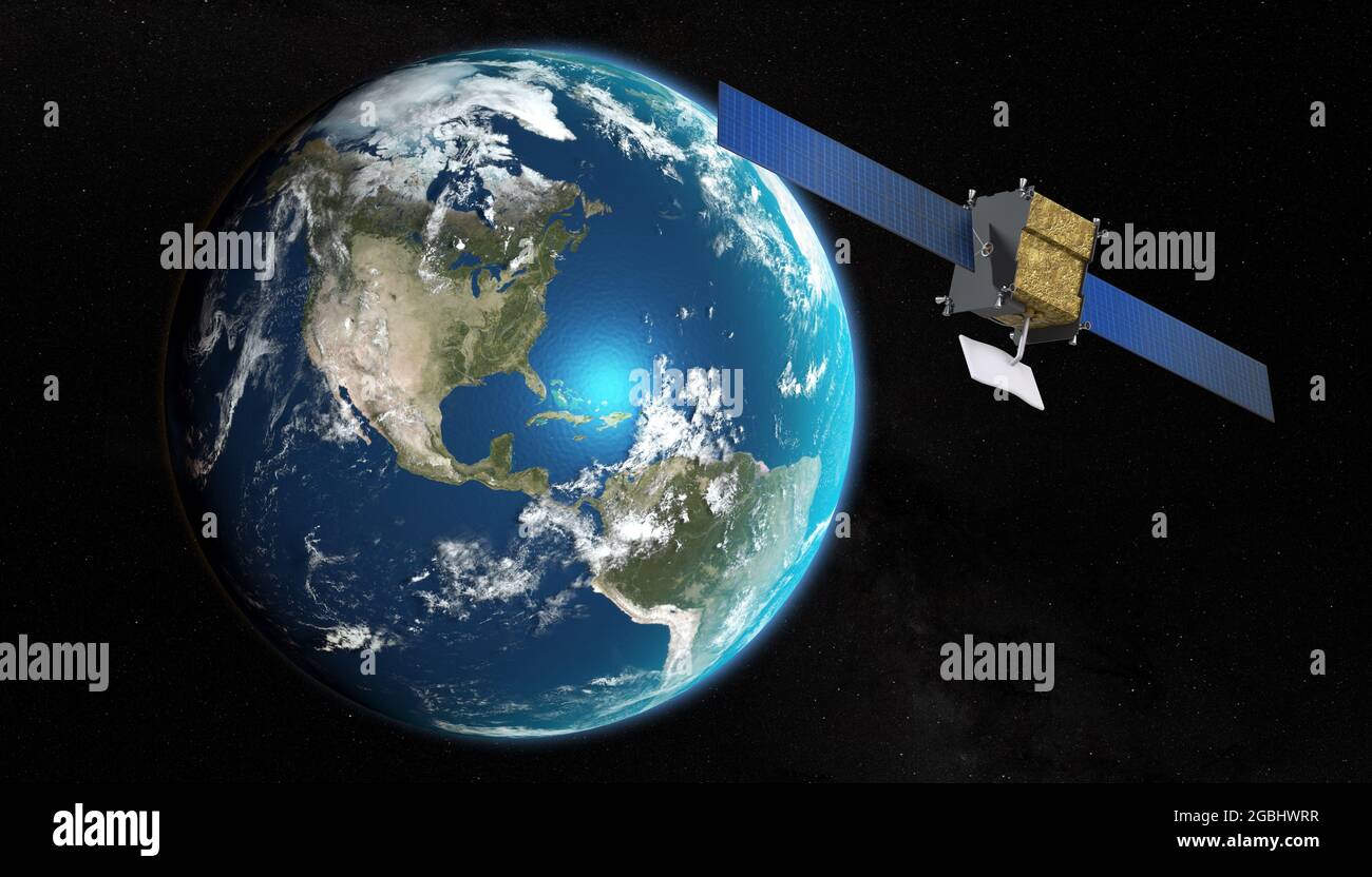 Erde und Satellit über Amerika - 3D-Rendering Stockfoto