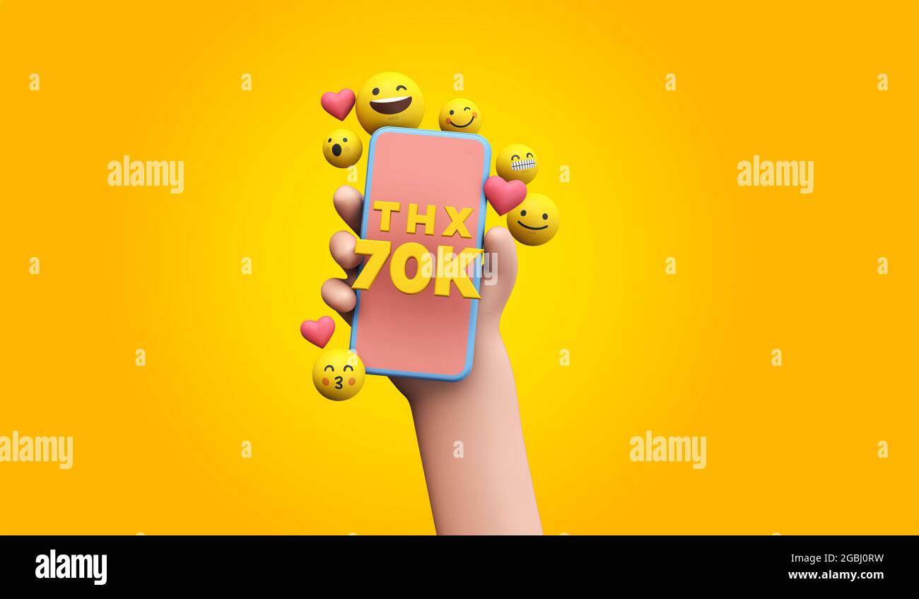 Dank 70k Social-Media-Unterstützer. Cartoon Hand und Smartphone. 3D-Rendering. Stockfoto