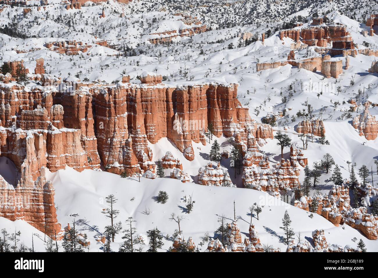 Panorama von schneebedeckten roten Hoodoos im Winterwunderland des Bryce Canyon National Park, Utah, USA. Beachten Sie das große Vollformat. Stockfoto