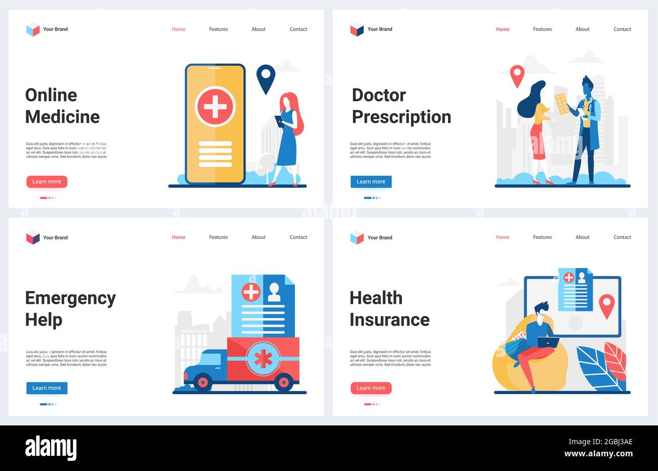 Online-Medizin, Gesundheitsversorgung und Versicherung für Patienten Vektordarstellung. Cartoon modernes Konzept Landing Page Set für medizinische Website, Nothilfe in der Klinik, Arzt Rezept Stock Vektor