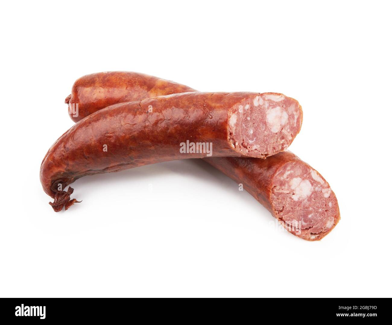 Gekochte und geräucherte Wurst auf weißem Hintergrund. Geräucherte ...