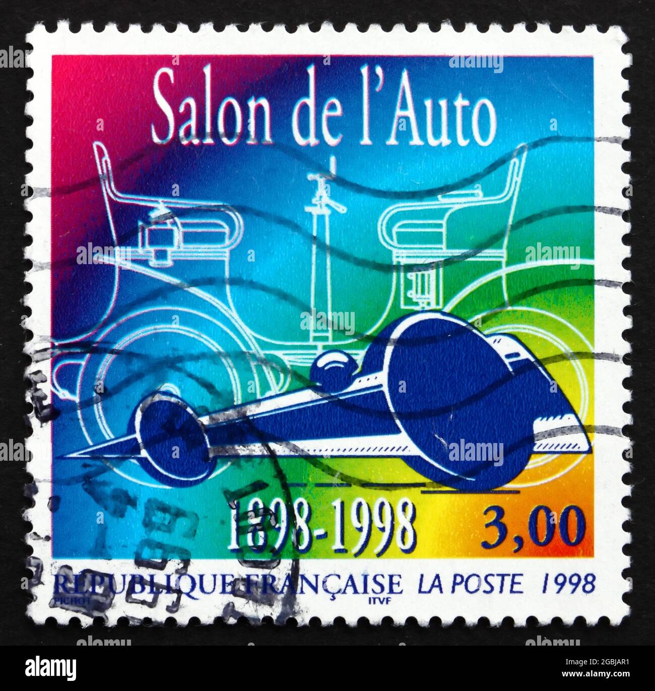 FRANKREICH - UM 1998: Eine in Frankreich gedruckte Briefmarke zeigt die Paris Auto Show, 100 Jahre, um 1998 Stockfoto