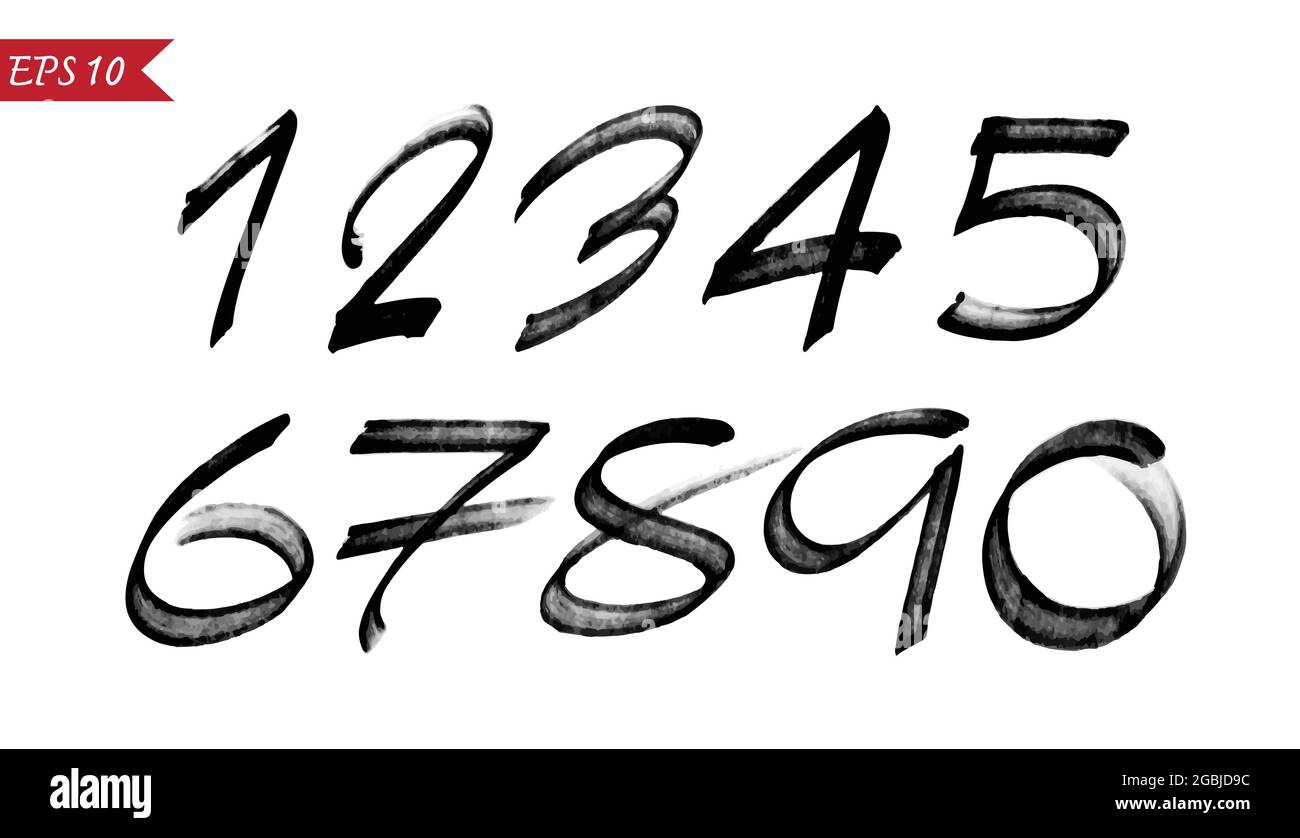Zahlen 0-9 mit einem Pinsel auf weißem Hintergrund geschrieben. Leicht editierbare Vektorgrafik mit Ebenen. Stock Vektor