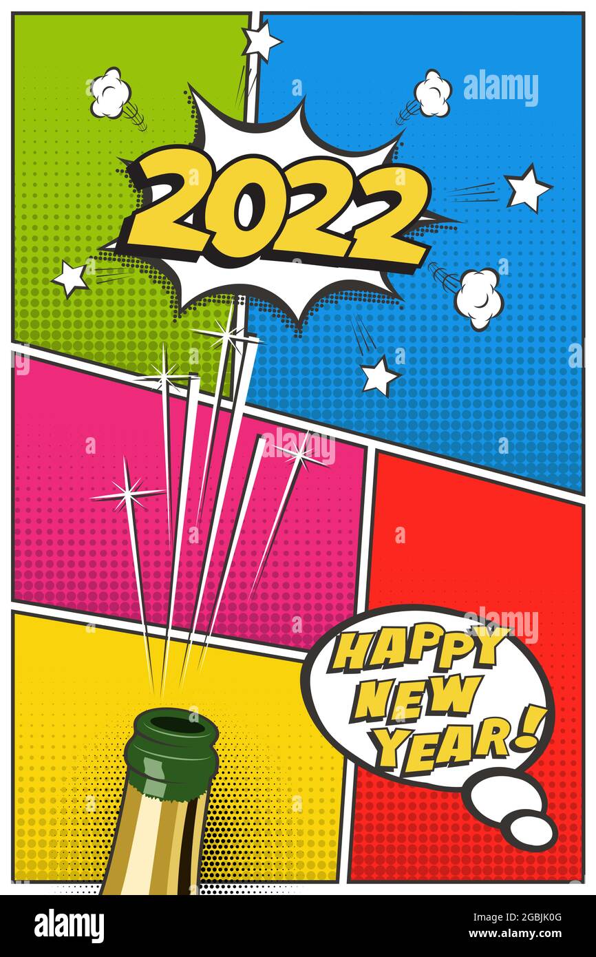 2022 Vorlage für vertikale Postkarte oder Grußkarte für Neujahr. Vector festliches Retro-Design im Comic-Stil mit Champagner-Flasche und fliegendem Korken Stock Vektor