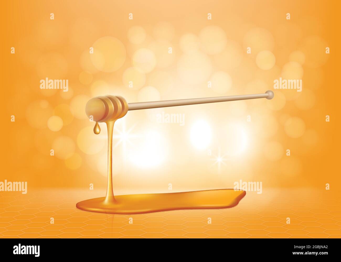 Vektor realistische Illustration von Honig Tropfen und hölzernen Dipper mit goldenem Tropfen auf einem gelben Hintergrund mit Wabenstruktur, Lichtblitze und Bokeh-Effekt Stock Vektor