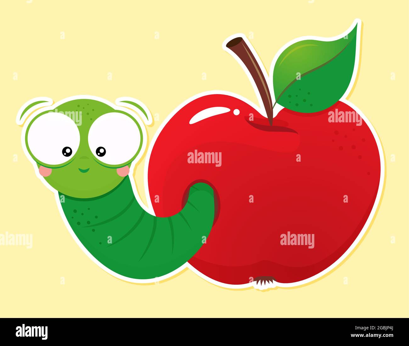 Niedlicher grüner Wurm in rotem Apfel. Zurück zur Schule Charakter smart catterpillar Tier Illustration. Gut für Kleidung, Geschenksets, Fotos oder motivationsartikel Stock Vektor