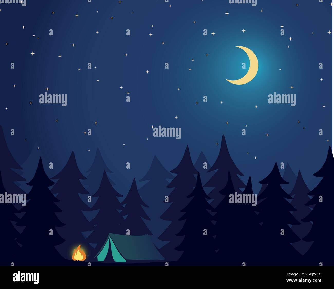 Camp Im Freien. Campingplatz im Wald. Nachthimmel mit Sternen und Mond Vektor-Illustration Stock Vektor