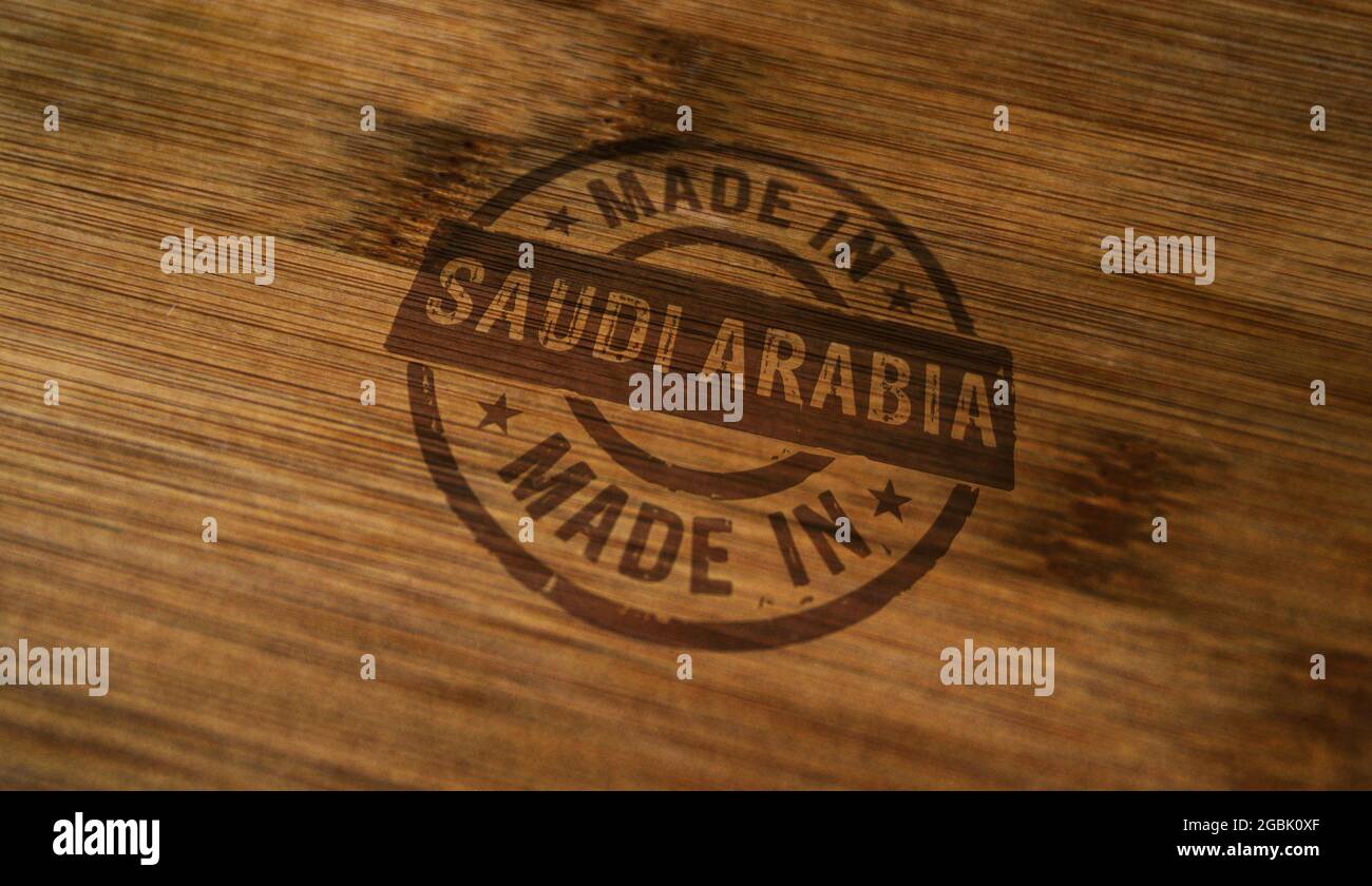 Made in Saudi-Arabien Stempel auf Holzkiste gedruckt. Fabrik-, Fertigungs- und Produktionslandkonzept. Stockfoto