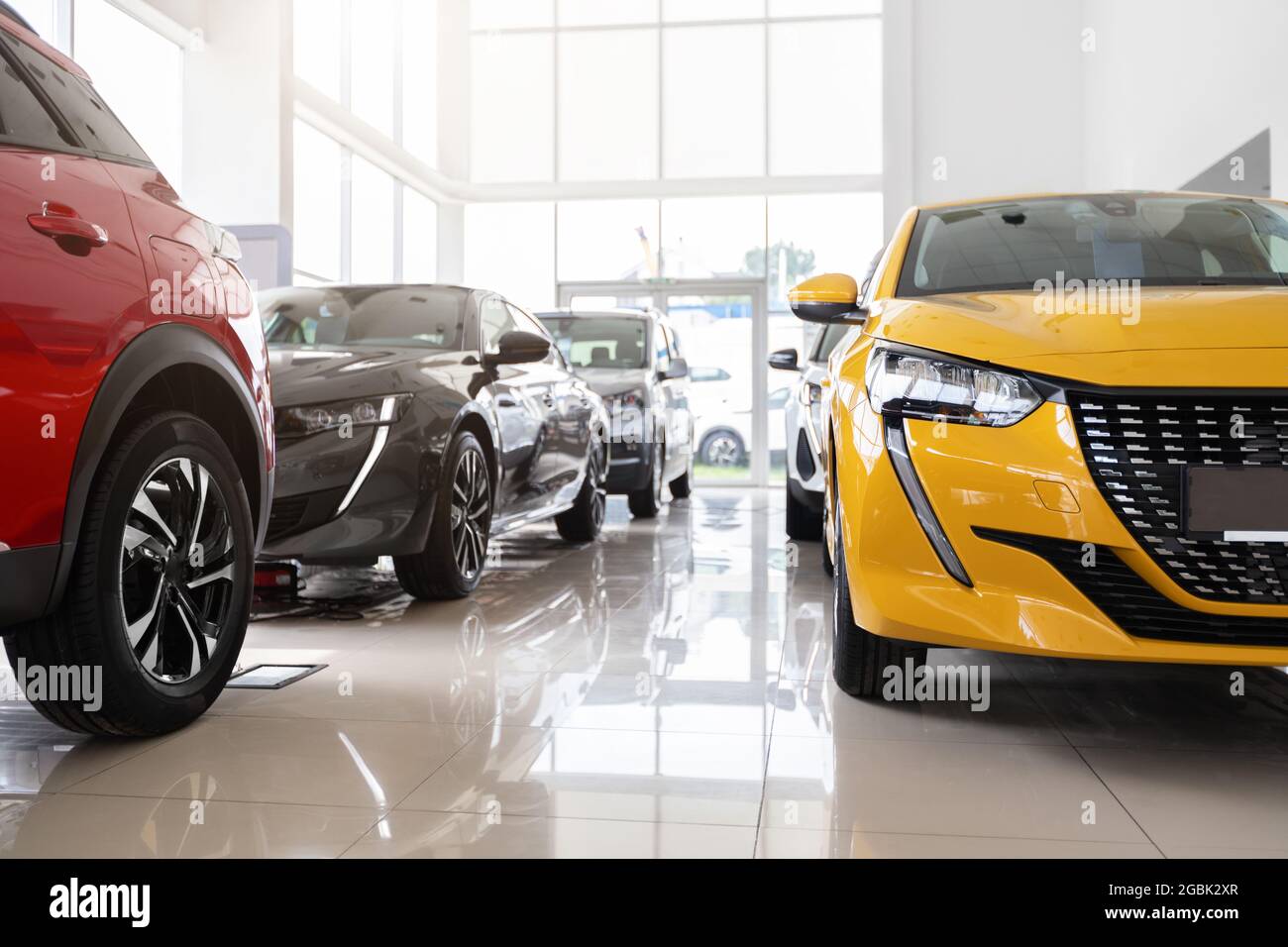 Schöne moderne Autos im luxuriösen Autohaus Salon Stockfoto