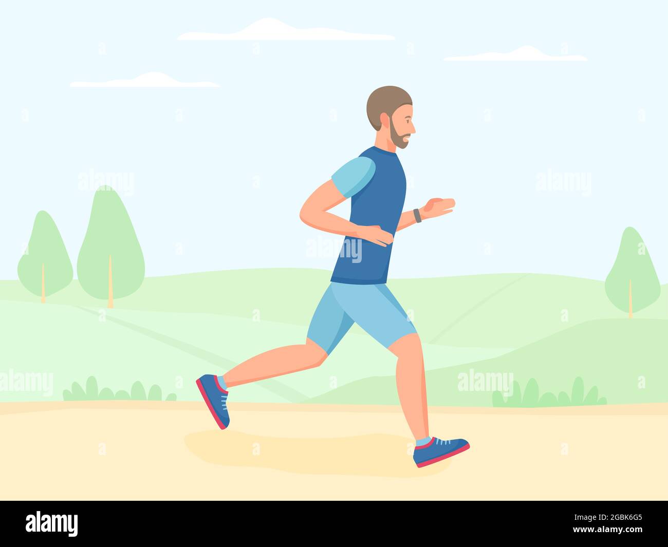 Mann läuft im Sommer im Freien, joggt im Park. Tun von Übung und Cardio-Training draußen. Flacher Vektor Stock Vektor