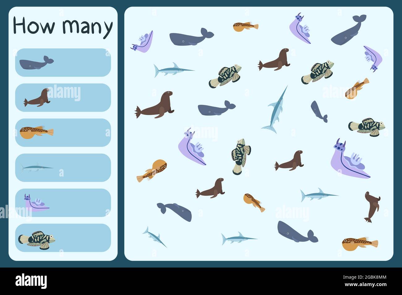 Kids mathematische Mini-Spiel - zählen, wie viele Meerestiere - Spermwal, Seelöwe, Kugelfisch, Schwertfisch, Mandarine. Pädagogische Spiele für Kinder. Cartoon Design Vorlage auf bunten Hintergrund. Stock Vektor