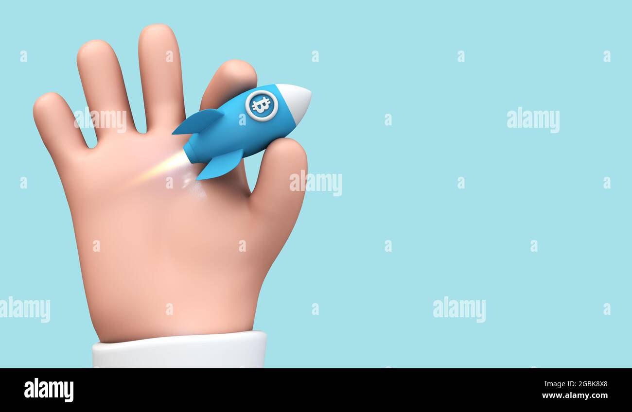 Cartoon 3d Hand hält eine Bitcoin Krypto Währung Rakete starten. 3D-Rendering Stockfoto