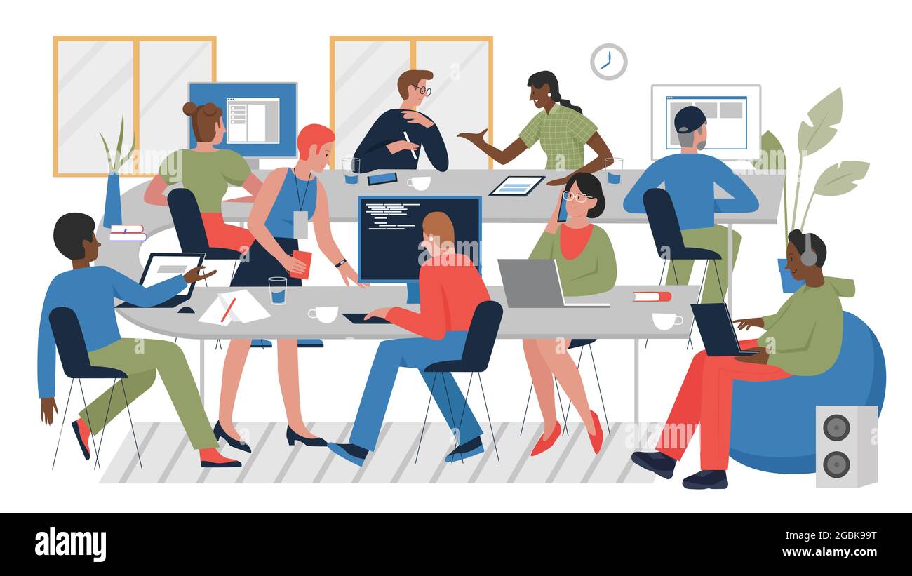 Büroangestellte arbeiten in einem trendigen offenen Raum, moderne komfortable Arbeitszimmer Innenraum Vektor-Illustration. Cartoon Frau Mann Mitarbeiter Charaktere arbeiten mit Computer isoliert auf weiß Stock Vektor