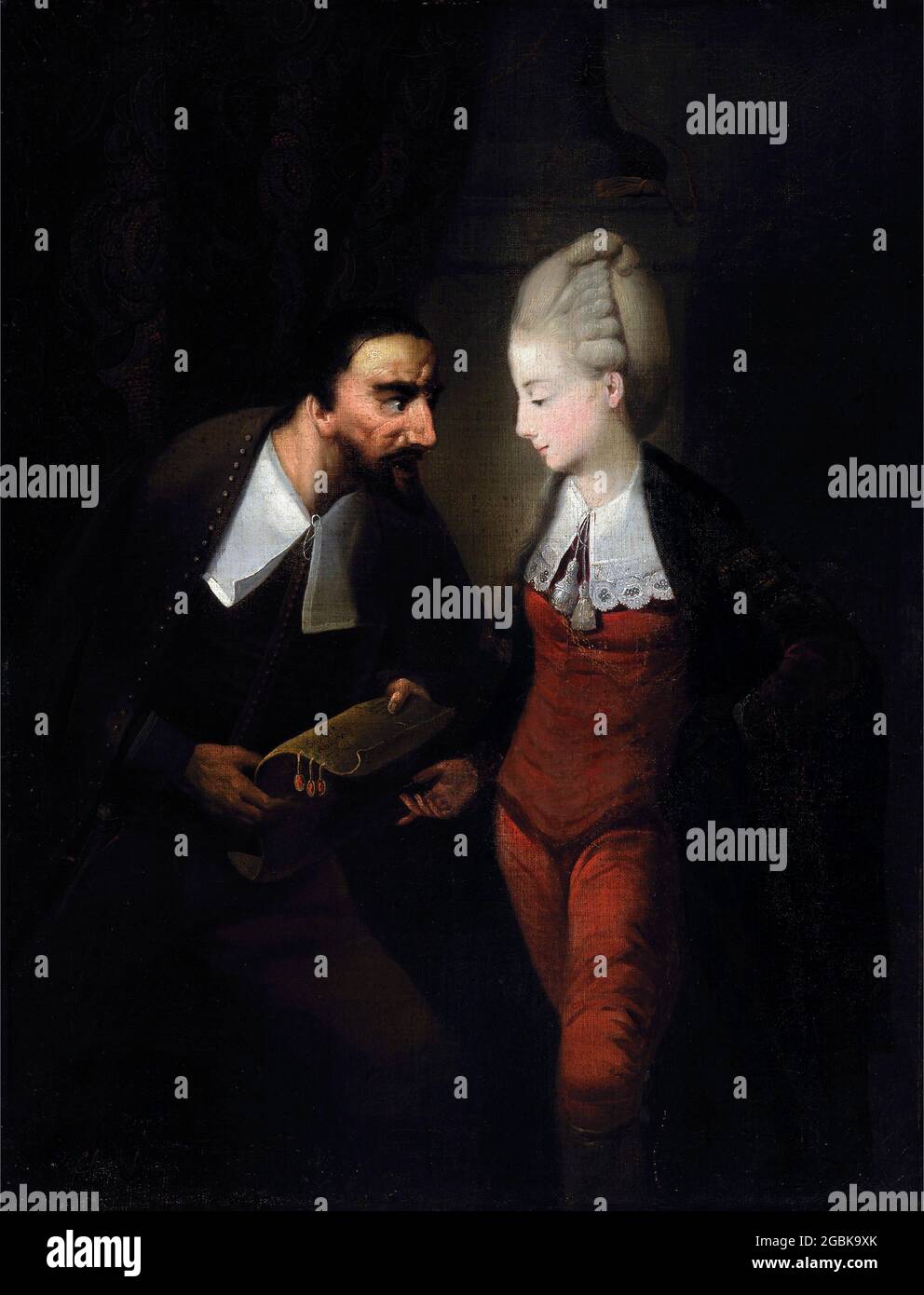 Portia und Shylock, aus Shakespeares 'der Kaufmann von Venedig', IV. Akt, Szene i, von Edward Alcock, Öl auf Leinwand, c. 1778 Stockfoto