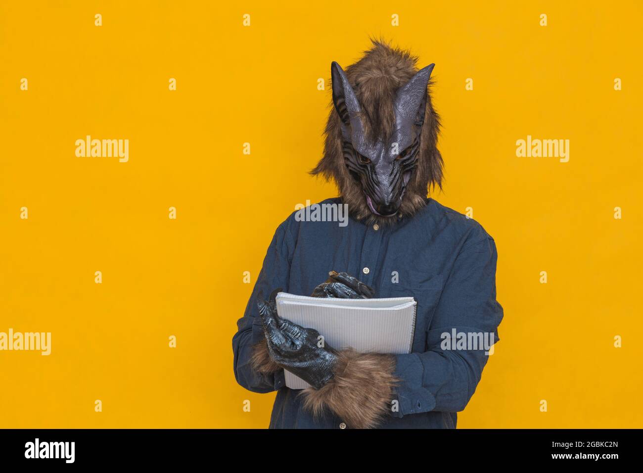 Auf einem gelben Hintergrund befindet sich ein Werwolf in einem blauen Hemd, der mit seinem linken Arm ein Notizbuch hält und mit seinem rechten han mit einem Stift schreibt Stockfoto