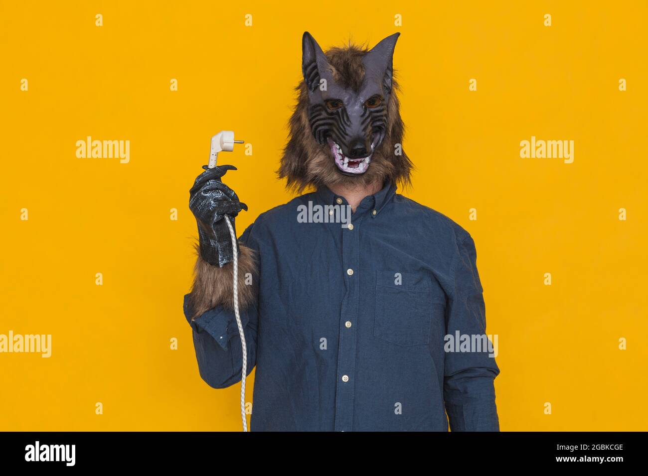 Auf einem gelben Hintergrund ist ein Werwolf in einem blauen Hemd mit einem Stecker, an dem ein Kabel hängt, zu sehen. Stockfoto Auf einem gelben Hintergrund ist ein Werwolf in einem blauen Hemd mit einem Stecker, an dem ein Kabel hängt, zu sehen. Stockfoto