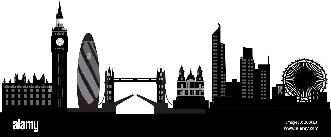 Skyline von London mit der britischen Flagge als Hintergrund Stock Vektor