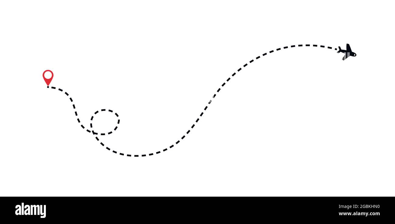 route-des-flugzeugs-flugbahn-mit-strich-und-strich-vektor-stock